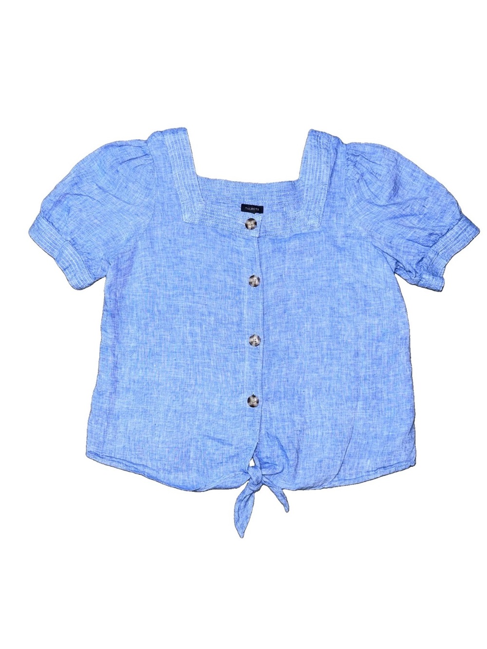 Womens Talbots medium denim blue linen Tie-Front Puff Sleeve Top